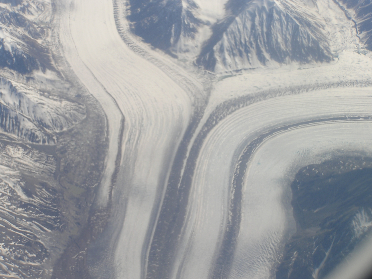 Flying over the juncture of two glaciers