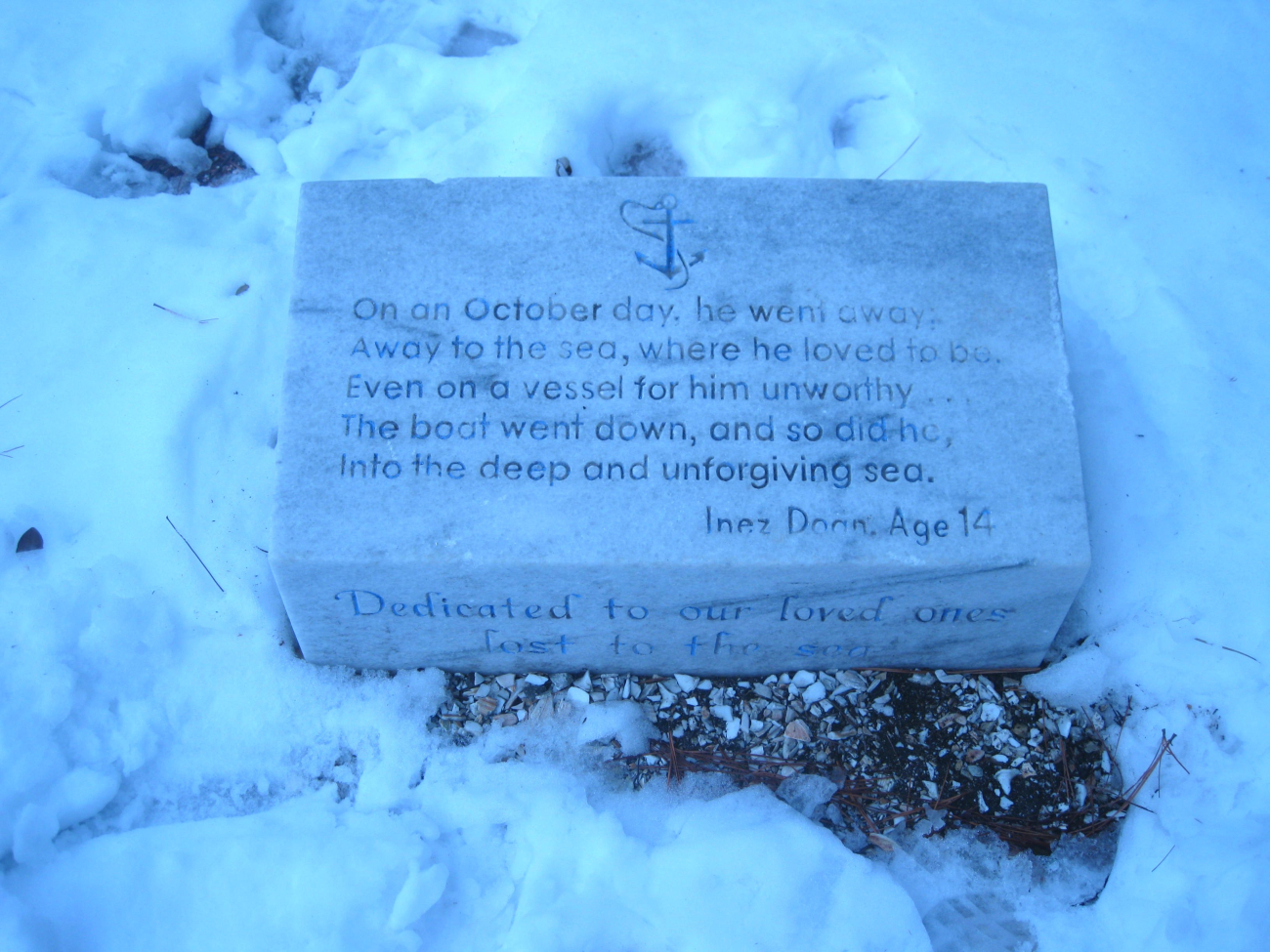 A heartfelt poem to those lost at sea by Inez Doan inscribed on stone atAssateague Lighthouse