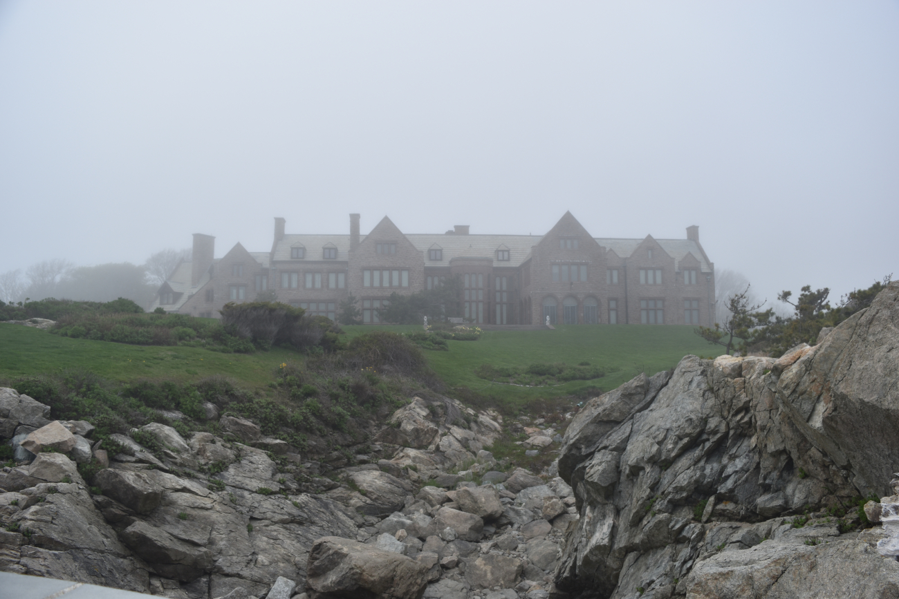 Doris Duke's Newport mansion seen from the Newport Cliff Walk on a foggy day