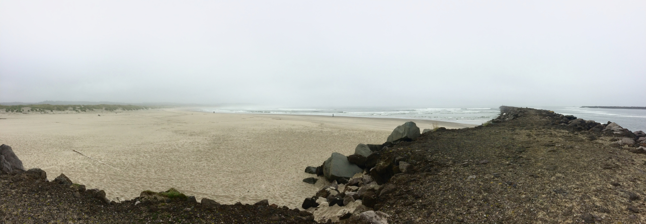 A panoramic view of the South Jetty and the beaches of Newport, Oregon
