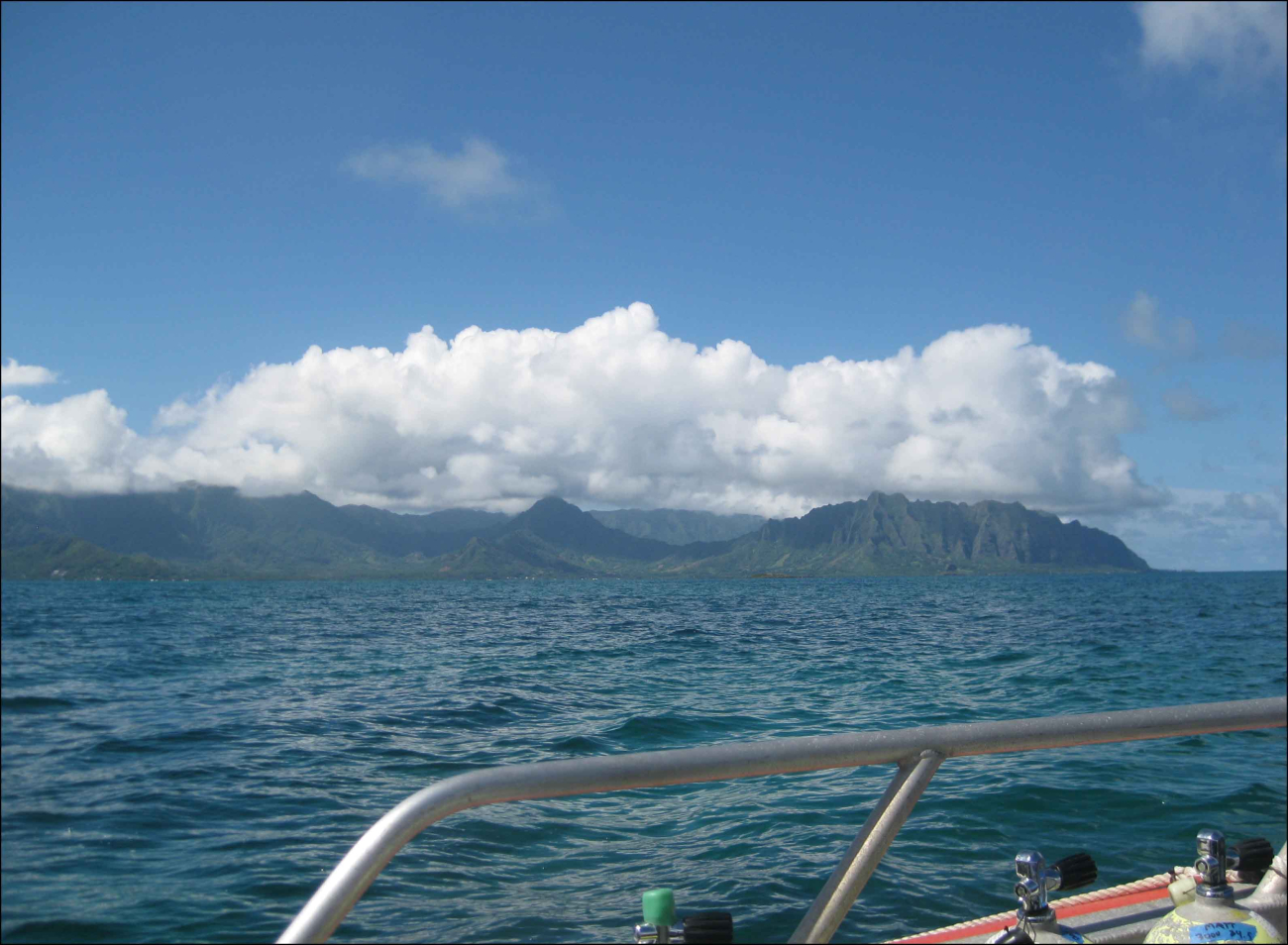 Panoramic view of Kaneohe Bay, on the eastern coast of Oahuas seen from a small boat conducting monitoring surveys of coral reefecosystems