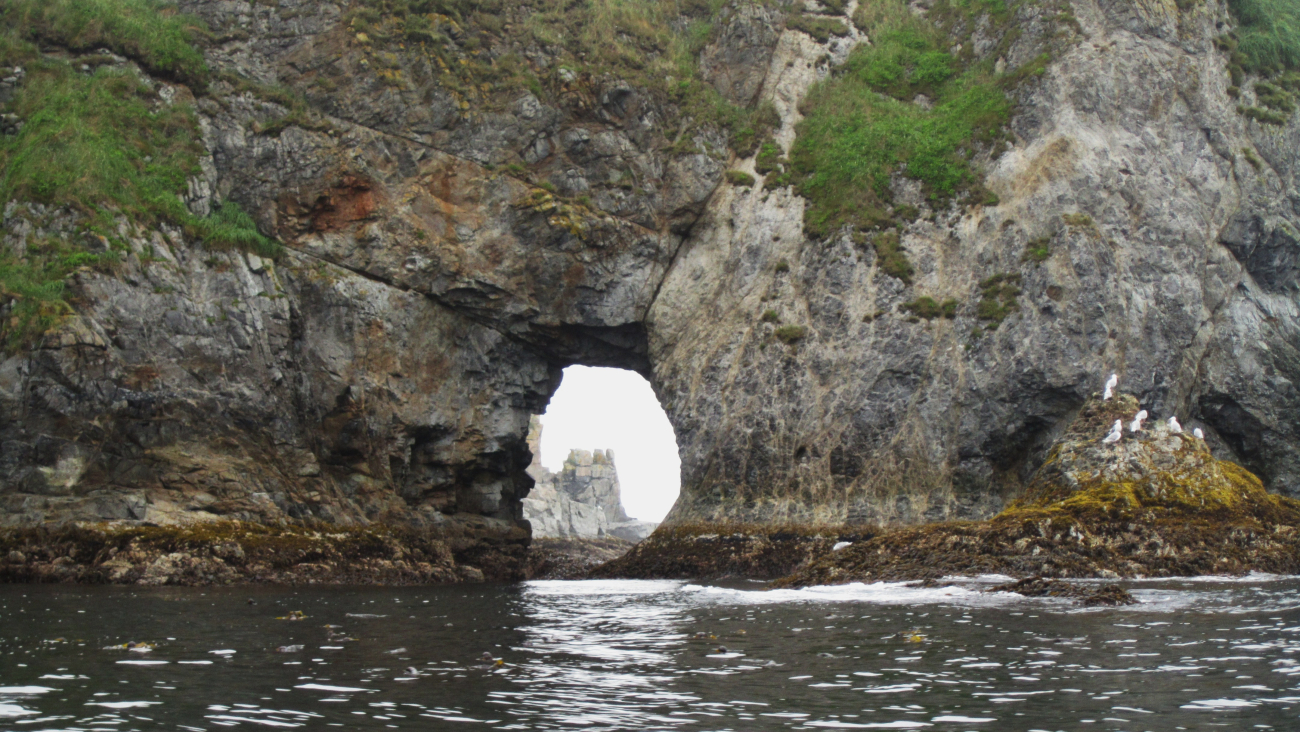 Arch carved in shoreline by wave action