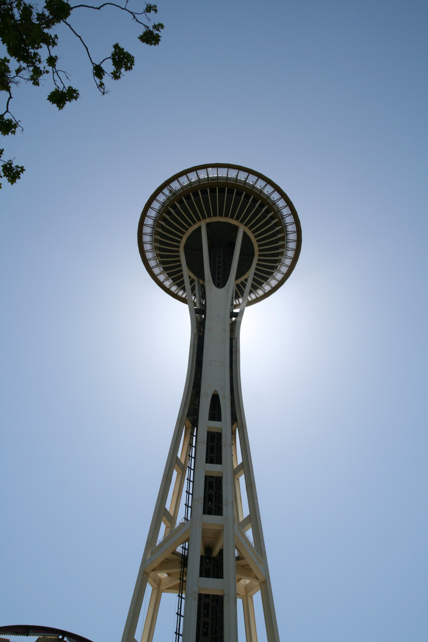 Looking up at the Space Needle eclipsing the sun