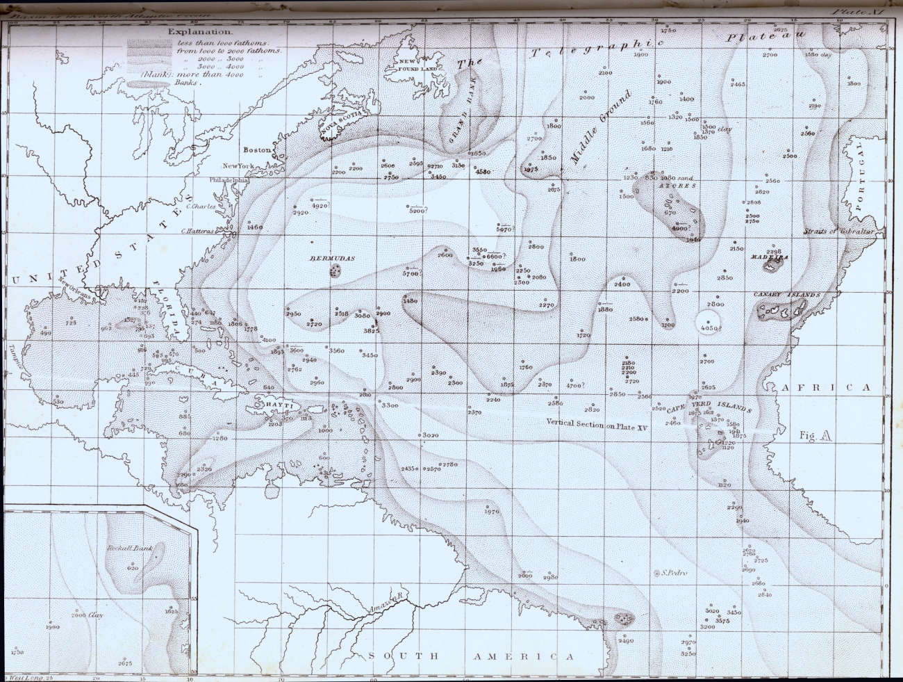 In 1858, Matthew Fontaine Maury modified his 1854 map to show theTelegraphic Plateau extending east-west across the Atlantic Ocean and an area ofrelatively shoal ground which he called Middle Ground