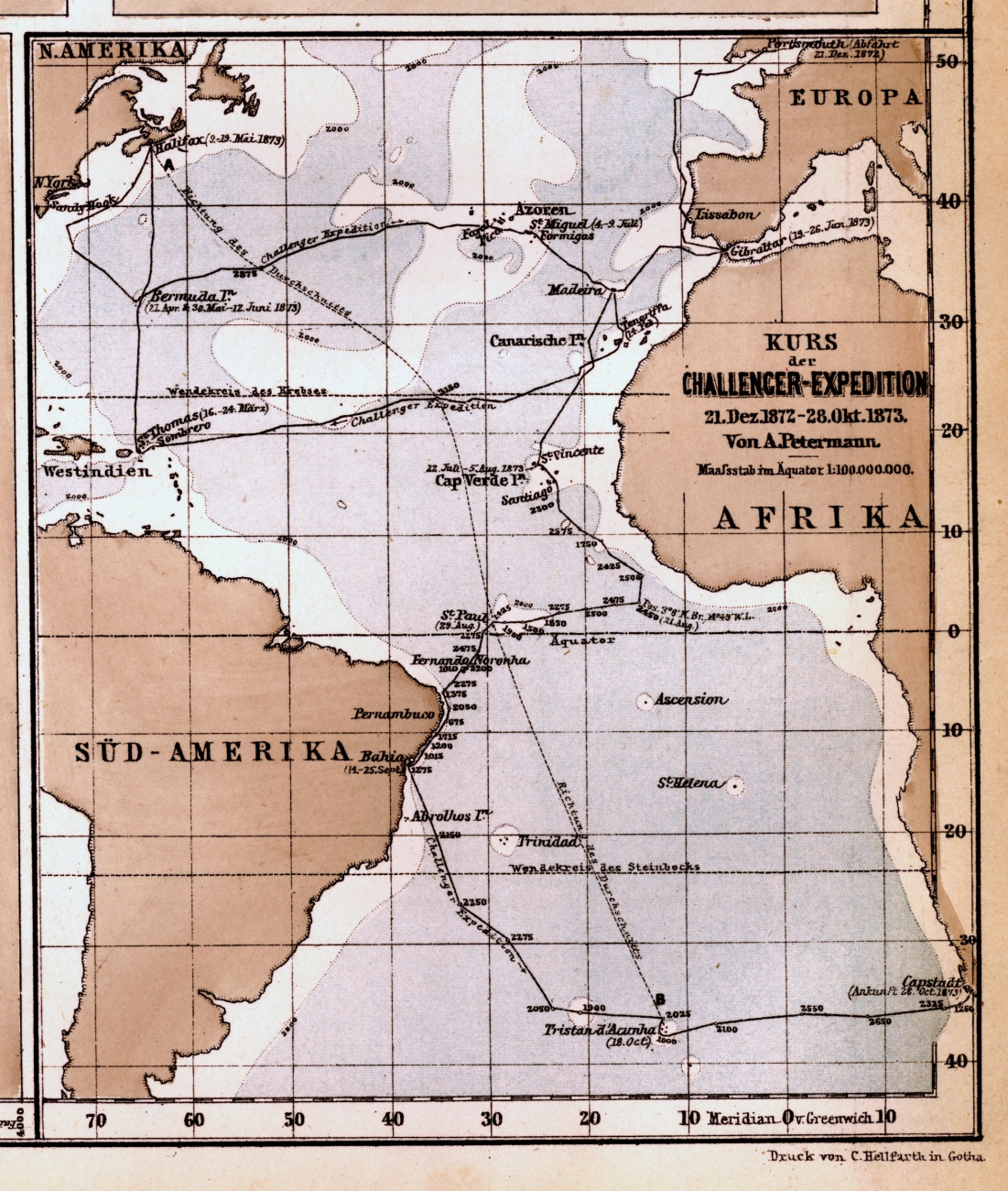 Map of the Atlantic Ocean published after the outward bound segment of theCHALLENGER Expedition