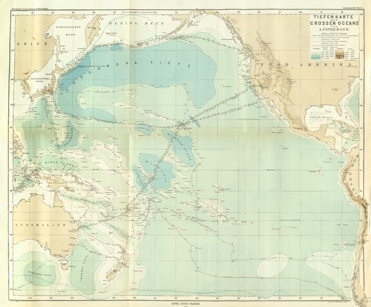 This map, by Augustus Petermann, was the first bathymetric map of thePacific Ocean