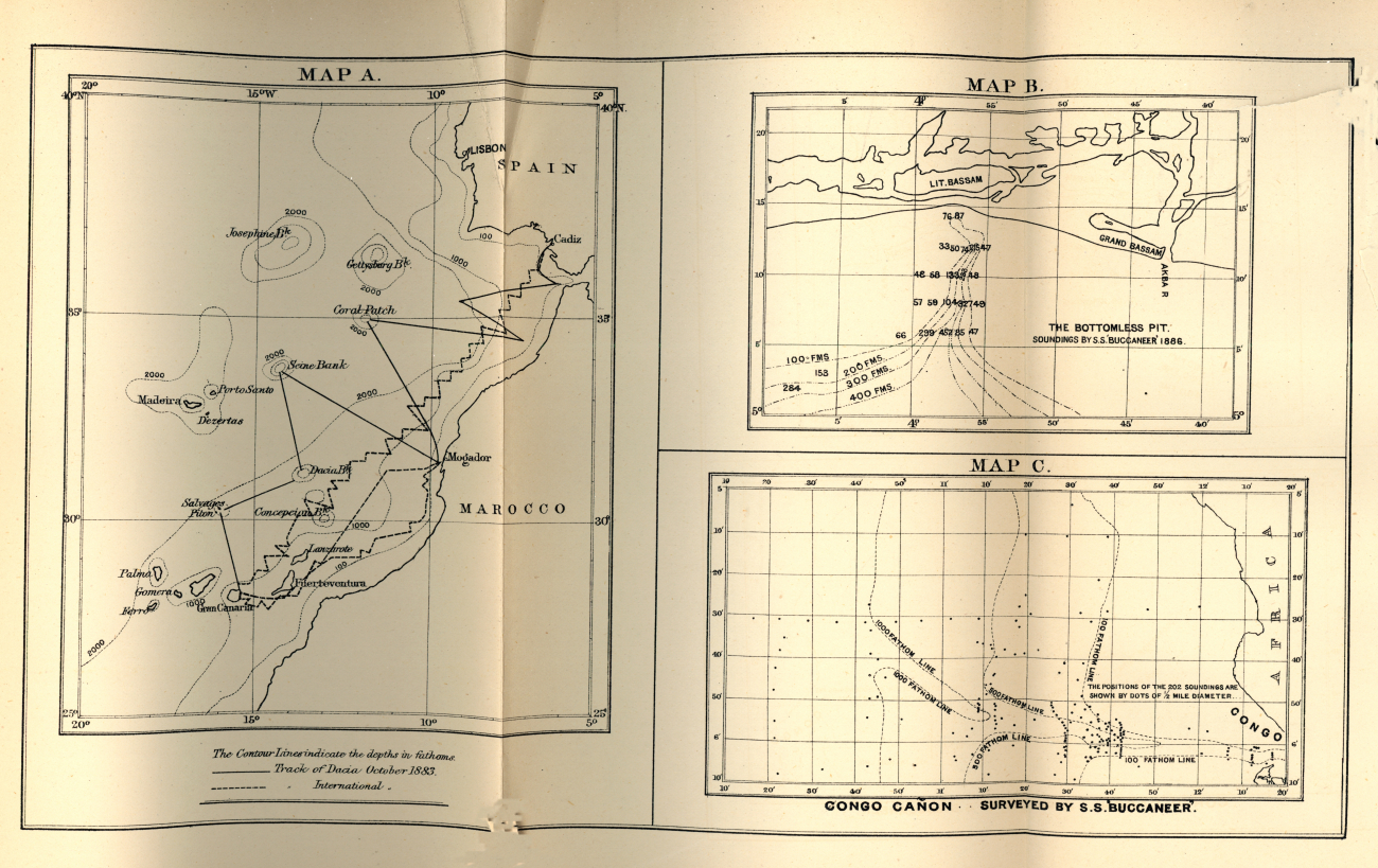 Maps of the track of the DACIA in 1883, the Bottomless Pit, and Congo Canyon,by Edward Stallibrass, a British telegraph engineer, as published in 1887 inDeep-Sea Sounding in Connection with Submarine Telegraphy, Journal of theSociety of Telegraph-Engineers and Electricians, Volume XVI, No