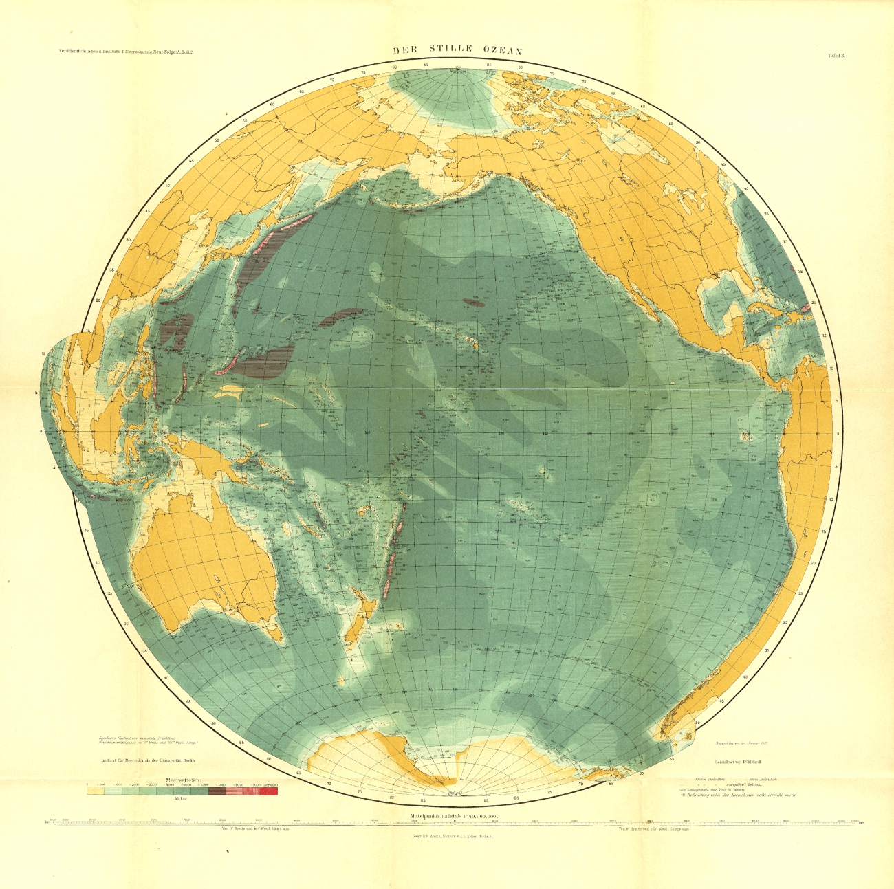 A 1912 map of the Pacific Ocean  in Tiefenkarten der Ozeane mit Erlauterungenby Max Groll