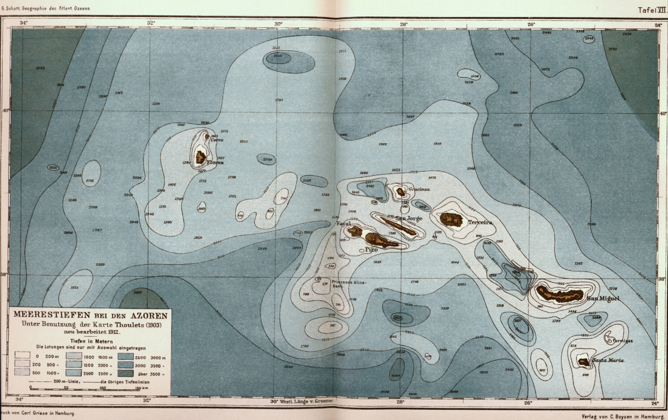 A map of the rugged topography around the Azores Islands produced byGerhard Schott