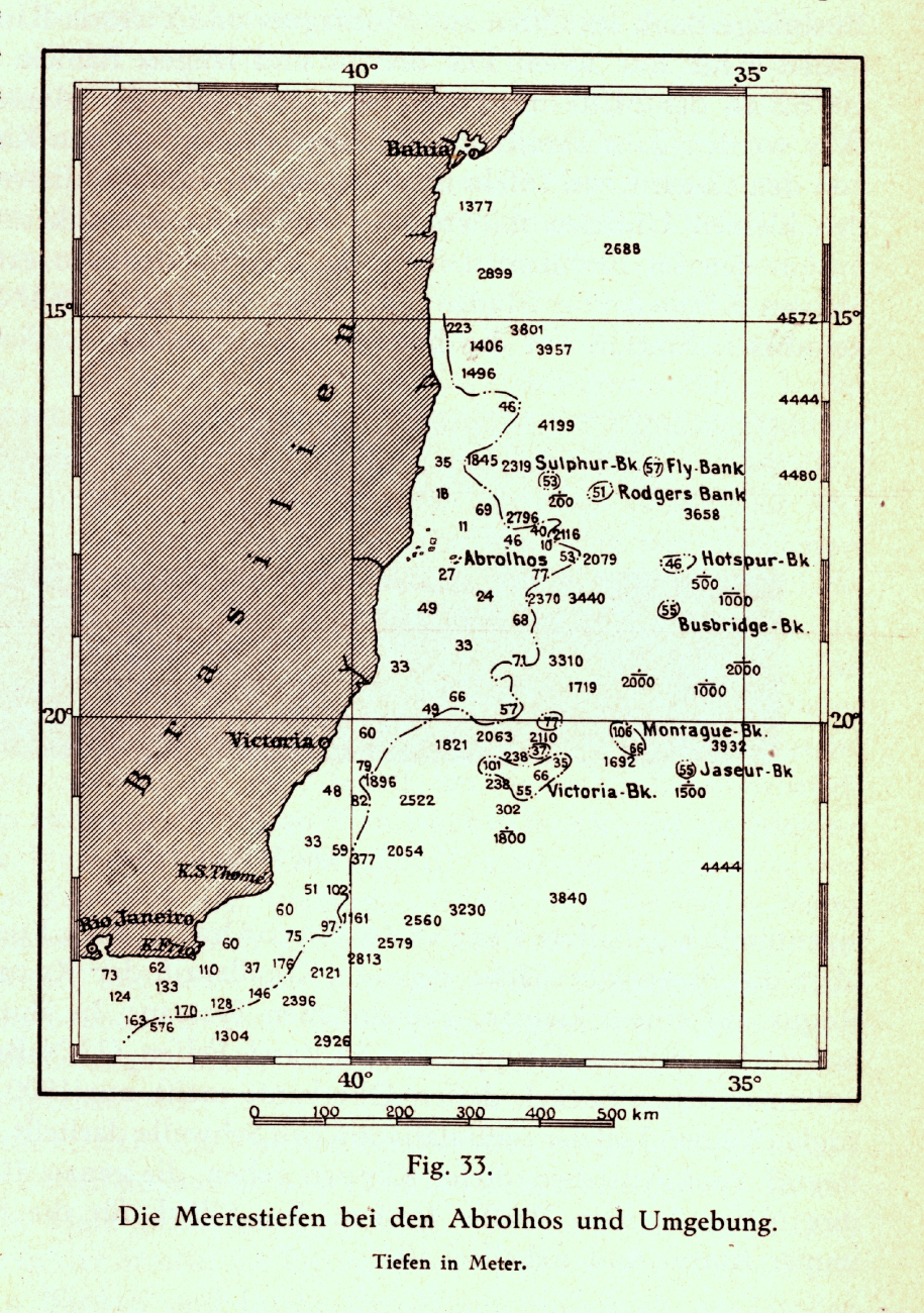 An inset map of an area off the coast of Brazil, South America, showing numerous banks and seamounts