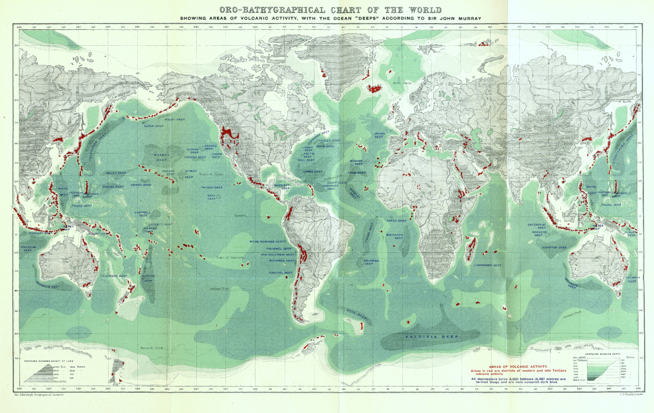 This map used Sir John Murray's bathymetric map as the base map for a map ofworld vulcanism