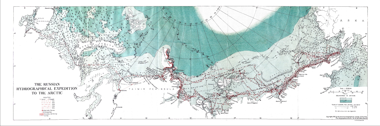 A 1925 map of the Russian sector of the Arctic Ocean showing discoveries madefrom 1911 to 1915 by Russian surveyors and explorers