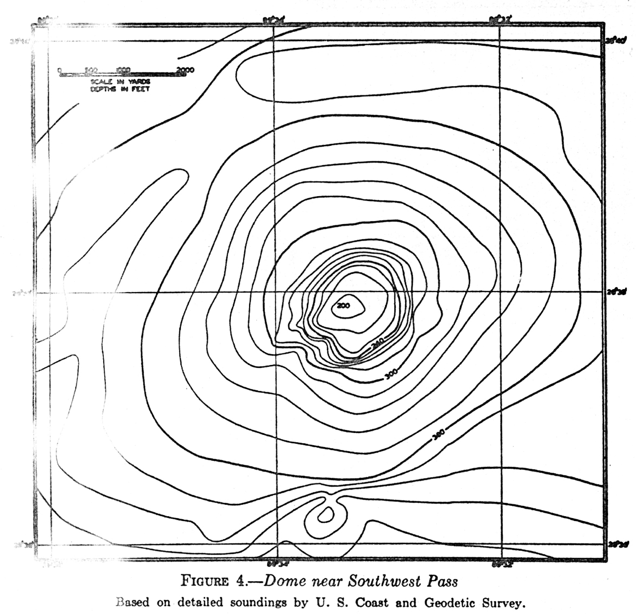 A single salt dome off Southwest Pass of the Mississippi River discovered bythe Coast and Geodetic Survey, contoured by Francis Shepard