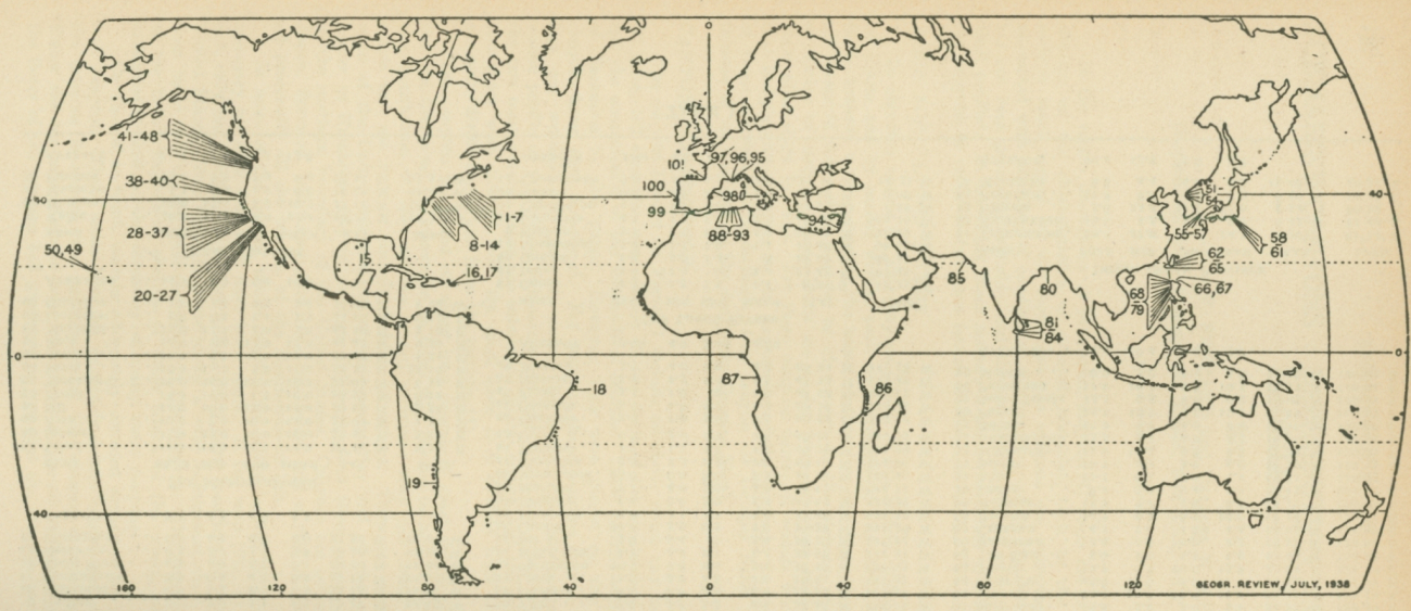 Francis Shepard's diagram showing worldwide distribution of known submarinecanyons