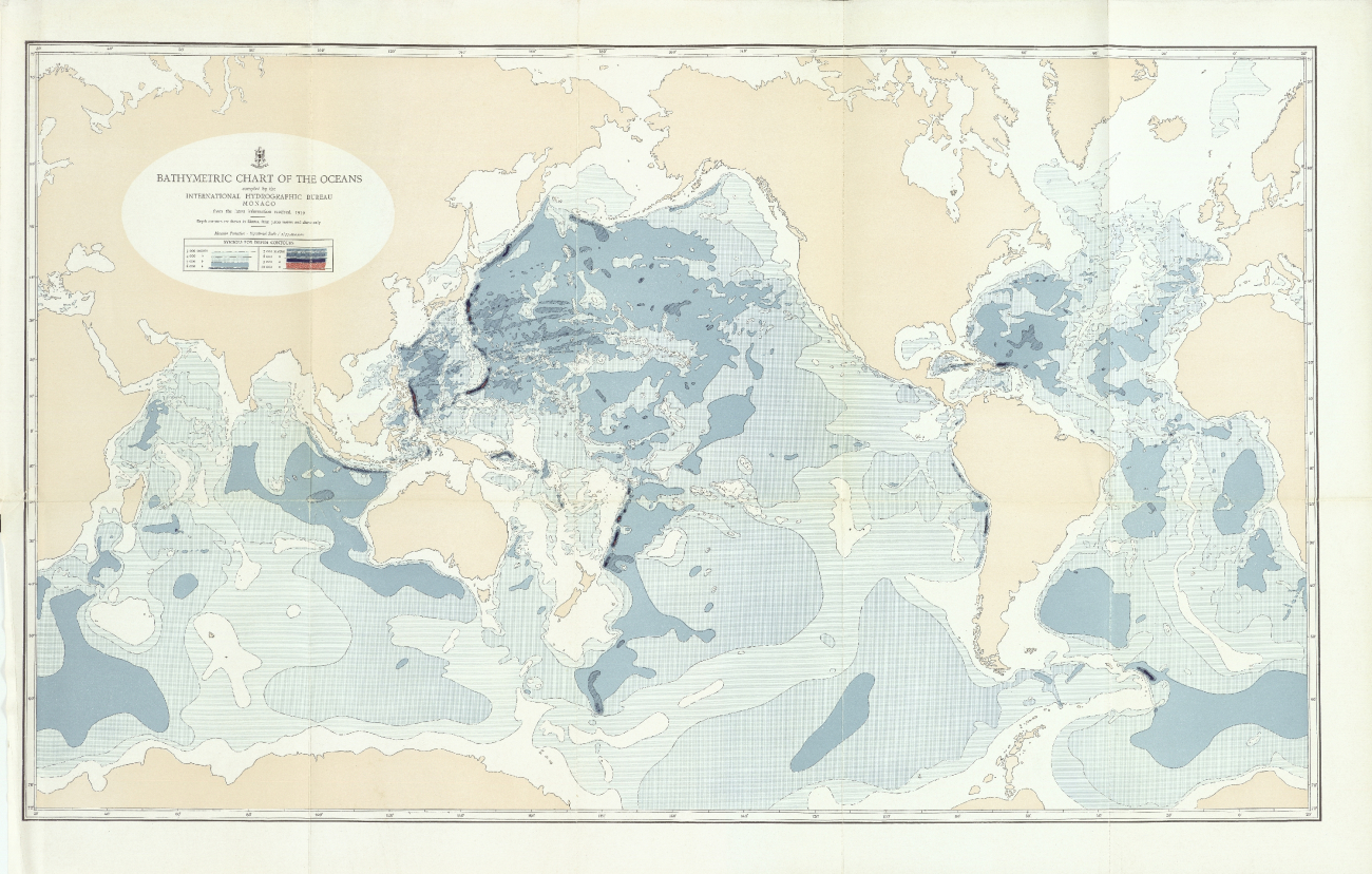 A very small-scale map of the world ocean produced by theInternational Hydrographic Bureau in 1939