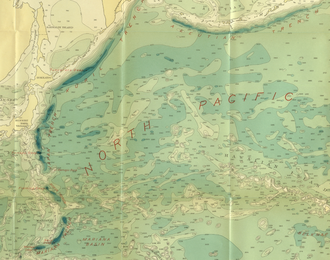 Section of 1939 North Pacific chart 5486 by Navy Hydrographic Office showinghundreds of seamounts, the true configuration of the Aleutian Trench, and someof the southern seamounts of what became known as the Emperor Seamount Chainextending north from the vicinity of Midway Island
