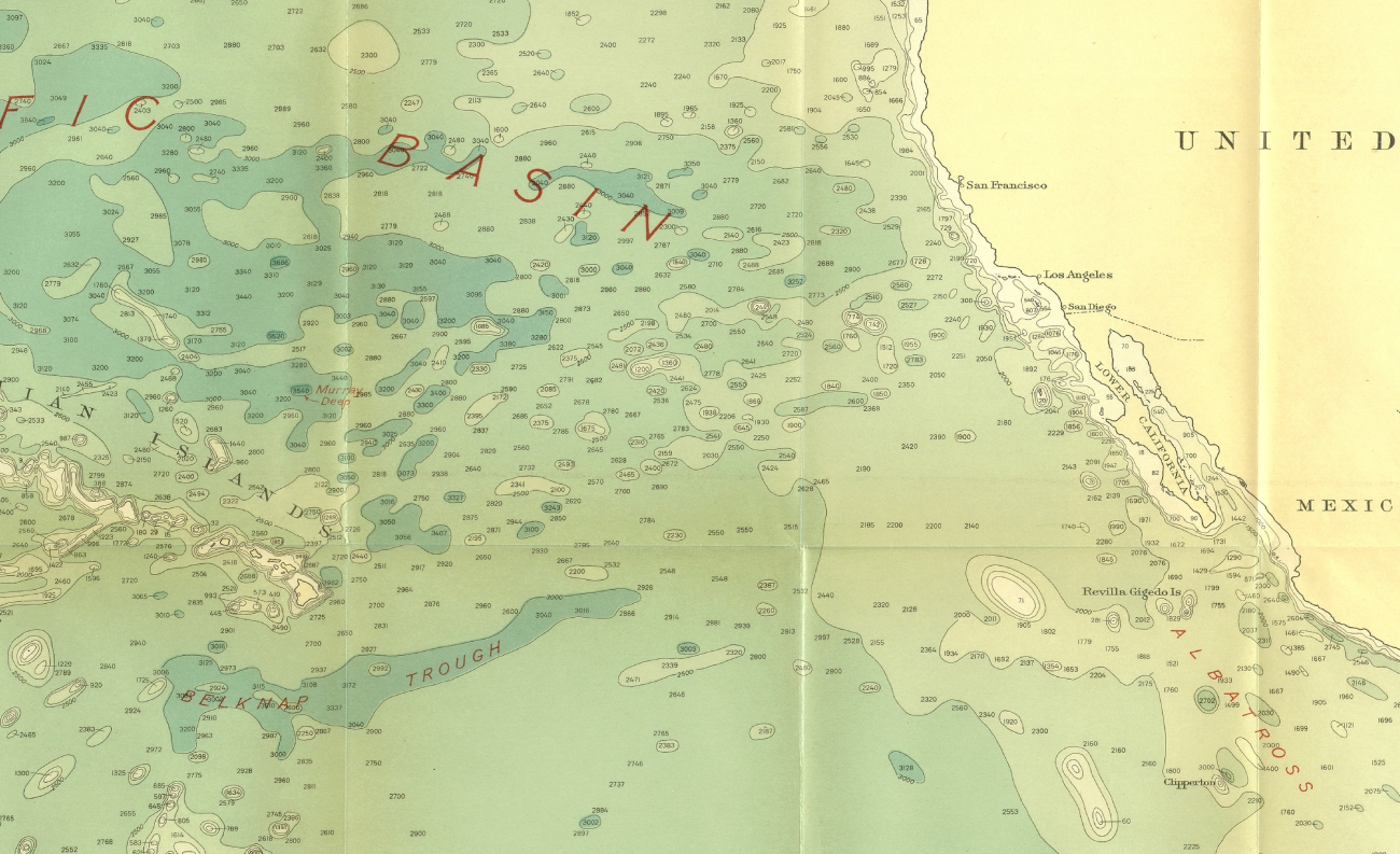 Southeast section of 1939 North Pacific chart 5486 by Navy Hydrographic Officeshowing use of name Albatross Plateau for East Pacific Rise leading into Gulf ofCalifornia