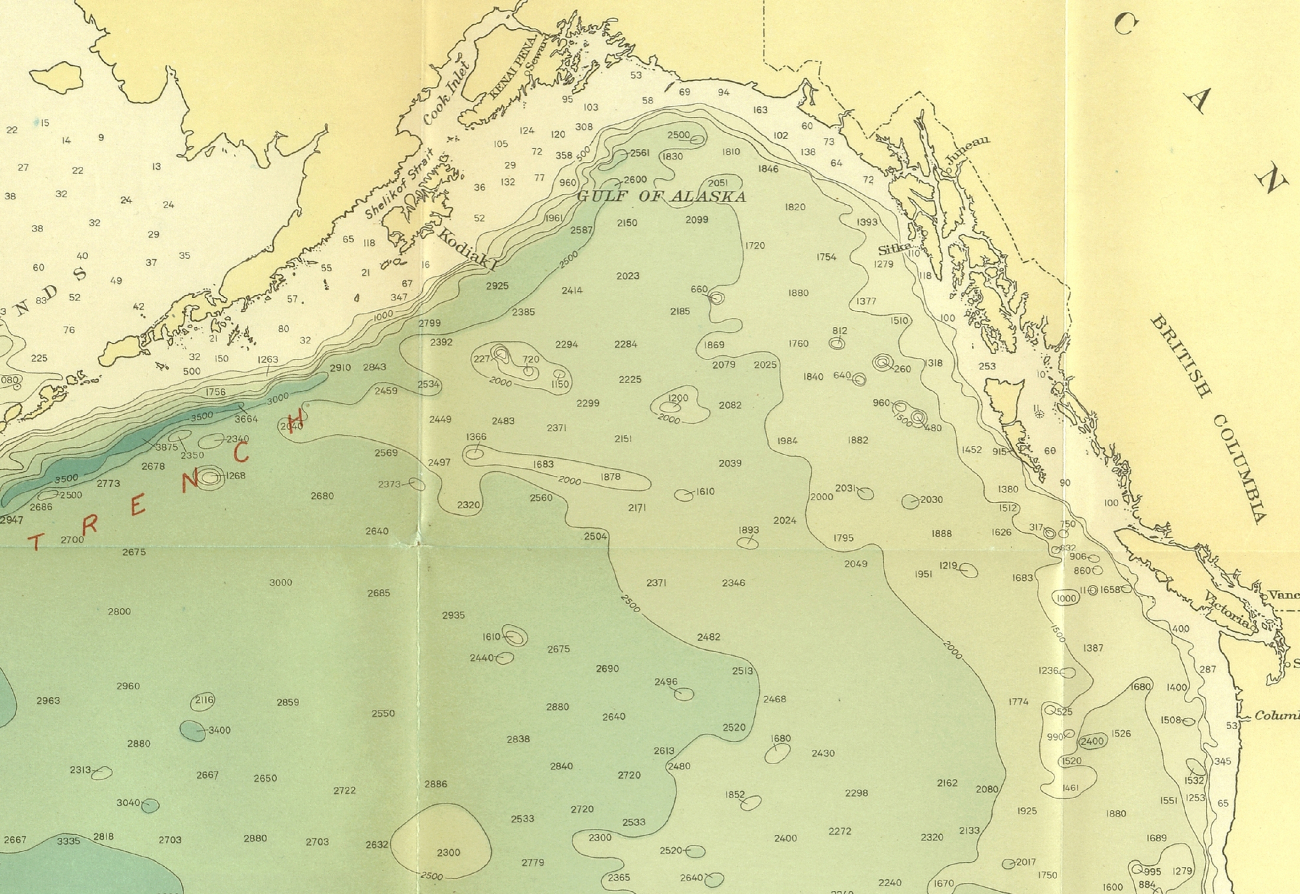 Northeast section of 1939 North Pacific chart 5486 by Navy Hydrographic Officeshowing few of the seamounts surveyed by the C&GS; during the years 1925-1939