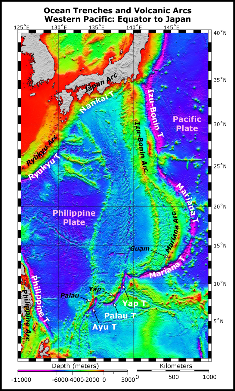 Ocean trenches and volcanic arcs of the western Pacific Ocean from theEquator to 40 North