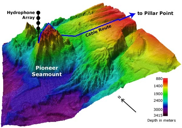 3-D view of Pioneer Seamount and Pioneer Canyon on the California coastshowing cable route to Pioneer Seamount hydrophone installation