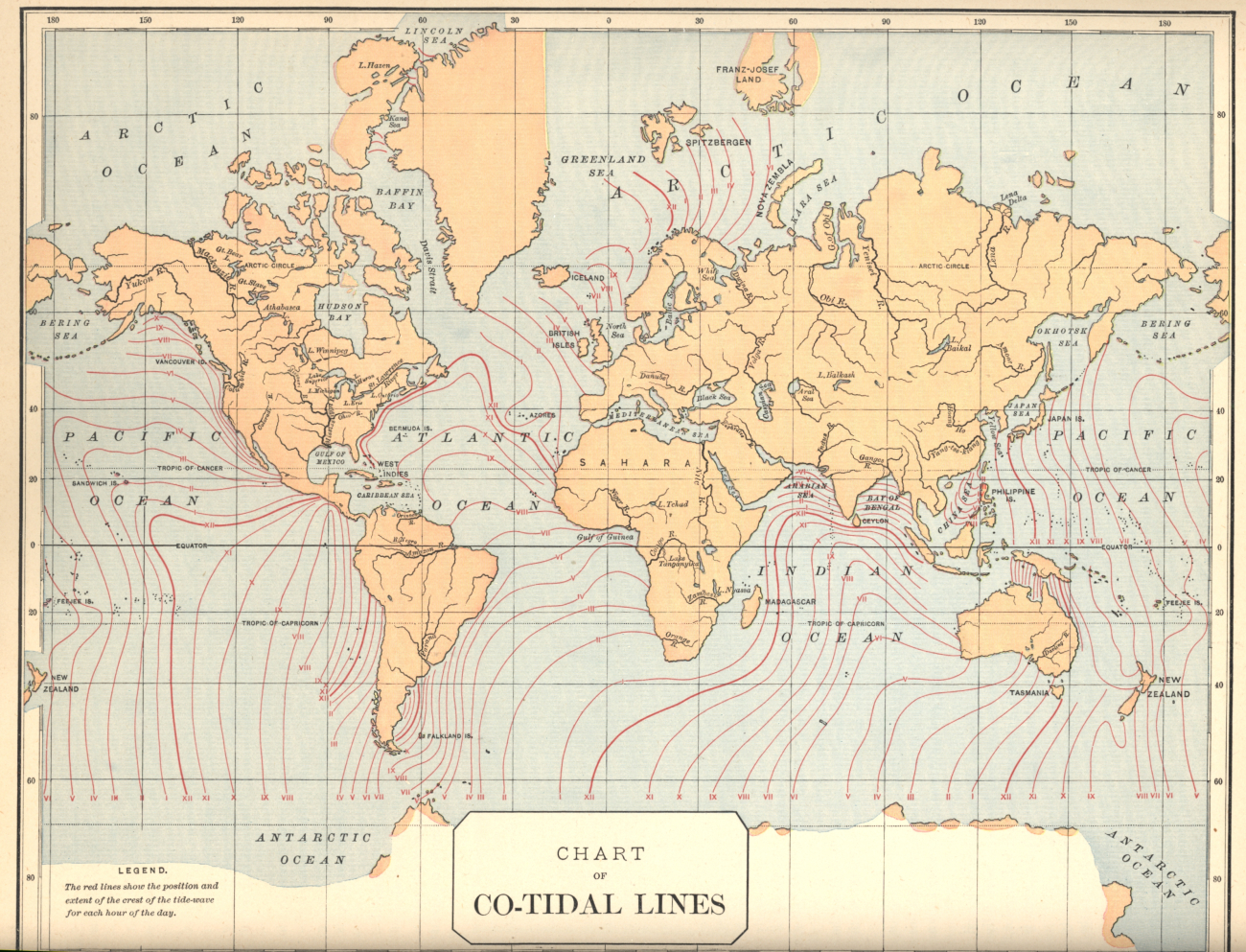 Co-tidal Lines of the World as shown in Butler's Physical Geography, byby Jacques Wardlaw Redway, 1887