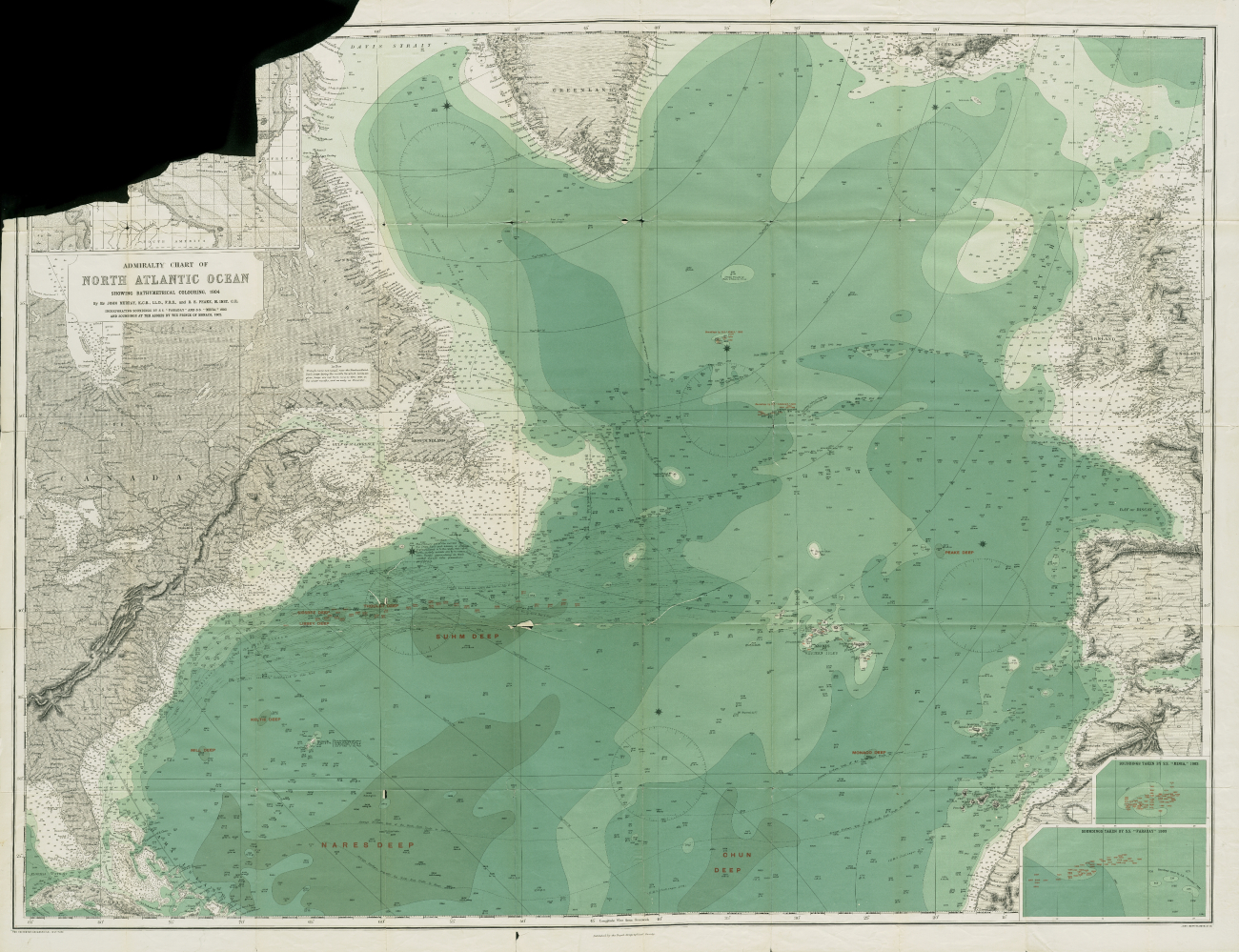 Admiralty Chart of the North Atlantic Ocean showing bathymetrical colouring by Sir John Murray and R
