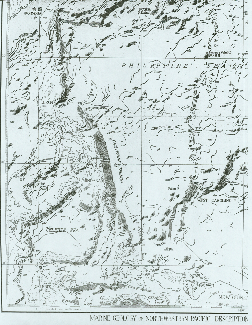 Section of Bathymetric Chart of the Northwest Pacific showingPhilippine Trench, Yap Trench, and Palau Trench bordering Philippine Sea