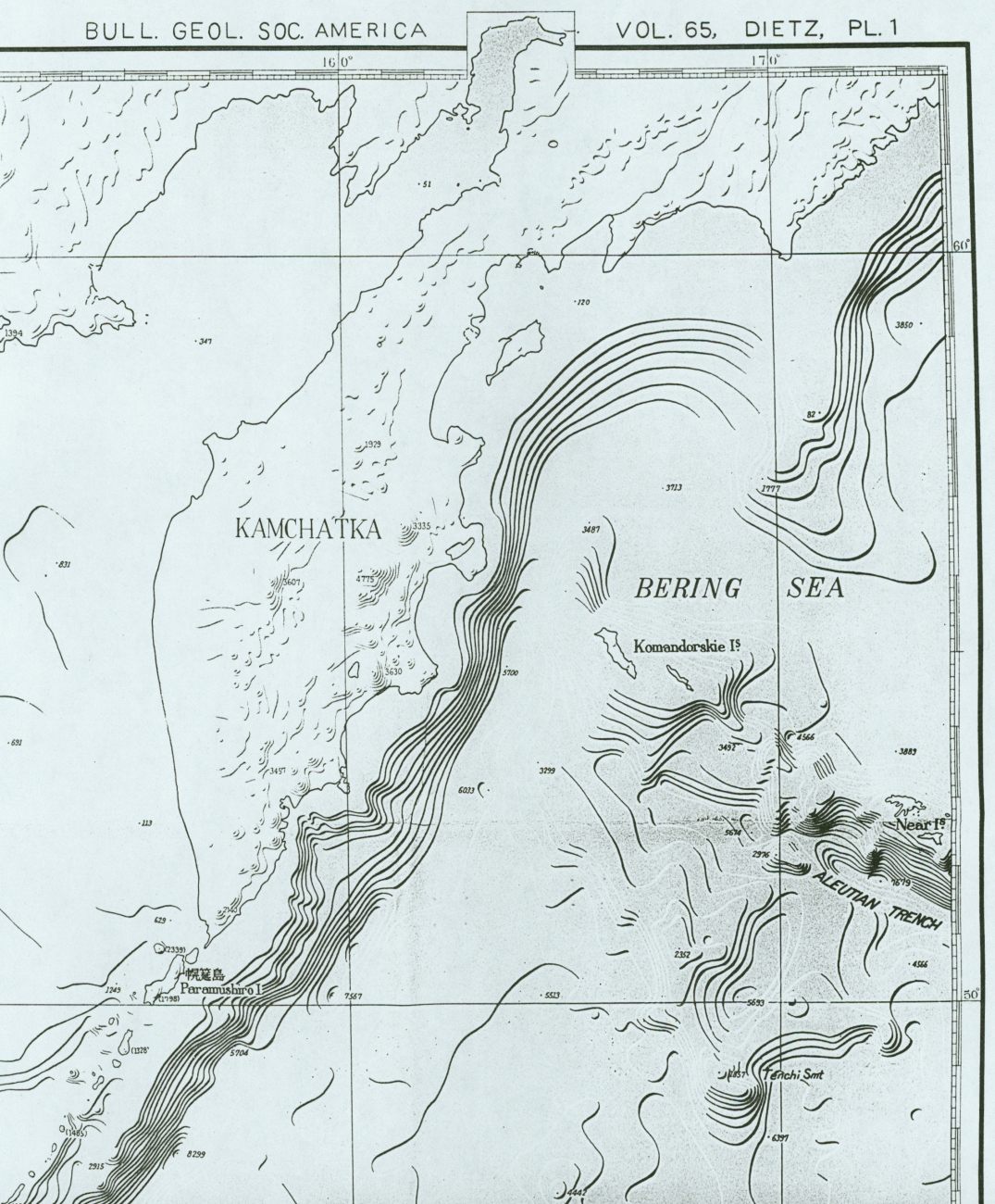 Section of Bathymetric Chart of the Northwest Pacific showingKuril Trench and Aleutian Trench