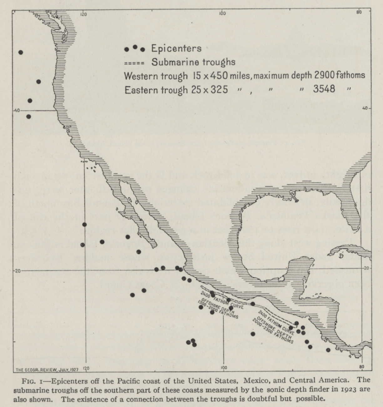 Crudely located epicenters of earthquakes published by Nicholas Heck of theCoast and Geodetic Survey in 1927