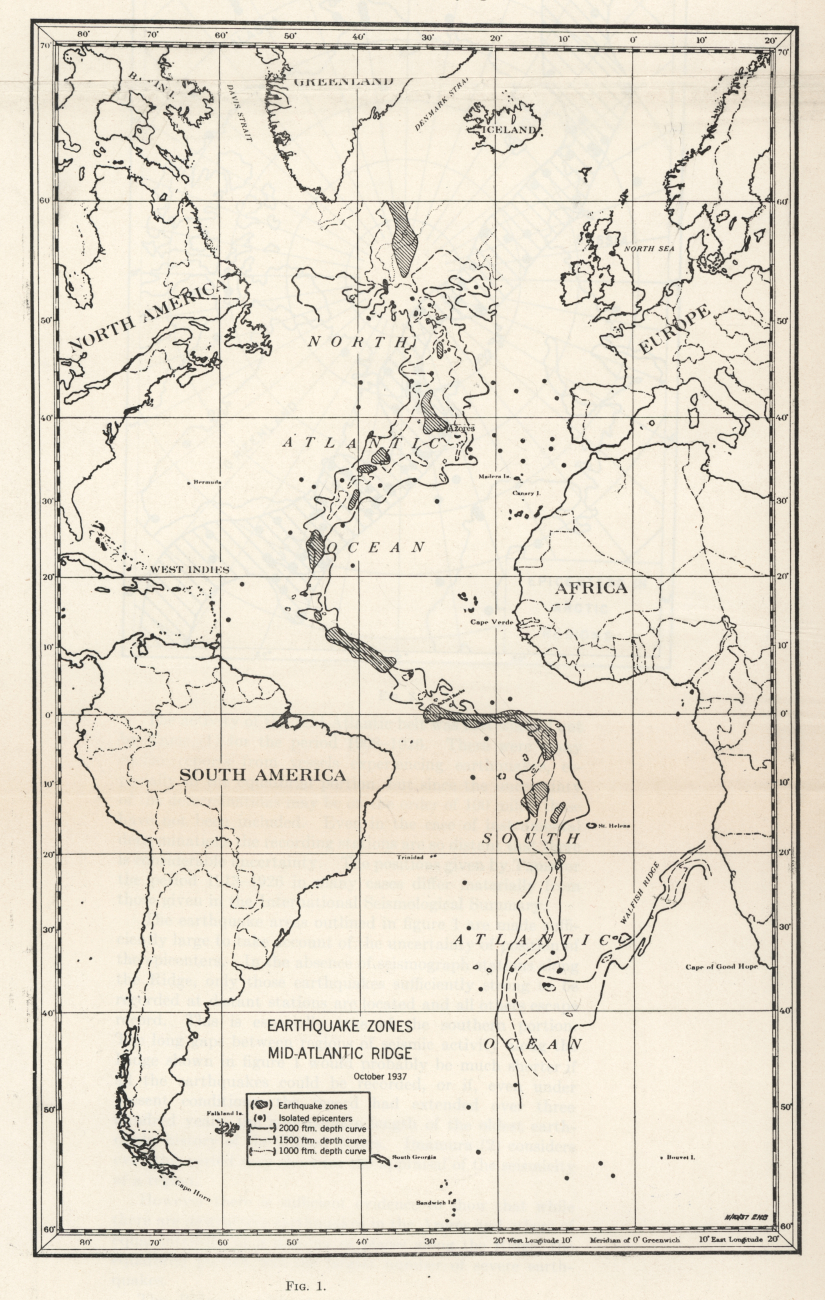 Earthquake epicenter map published in 1937 clearly showing correlation ofearthquakes with the Mid-Atlantic Ridge
