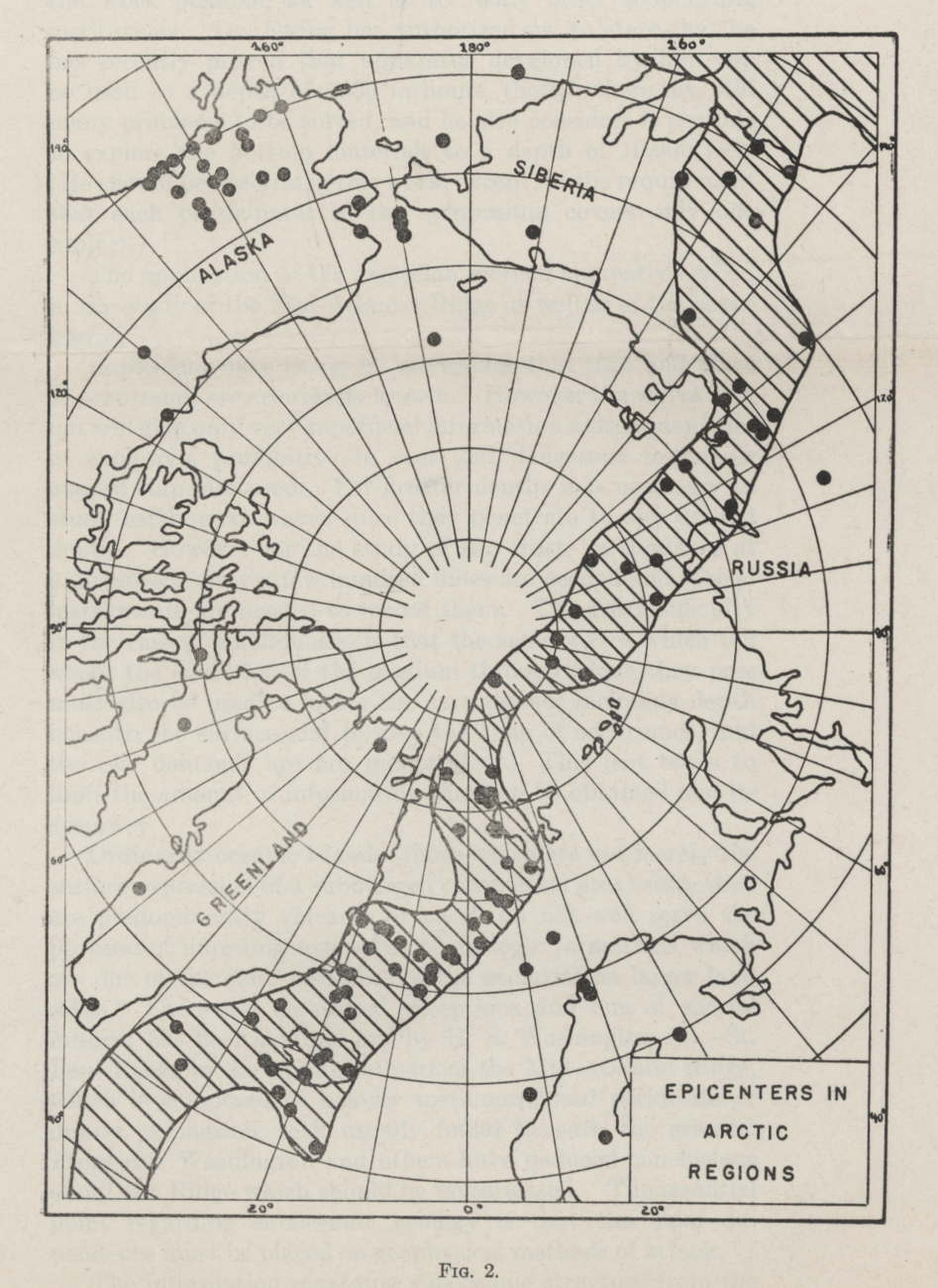 Map showing earthquake zone through Arctic Ocean correlating with postion ofGakkel Ridge, today known to be a mid-ocean ridge spreading center