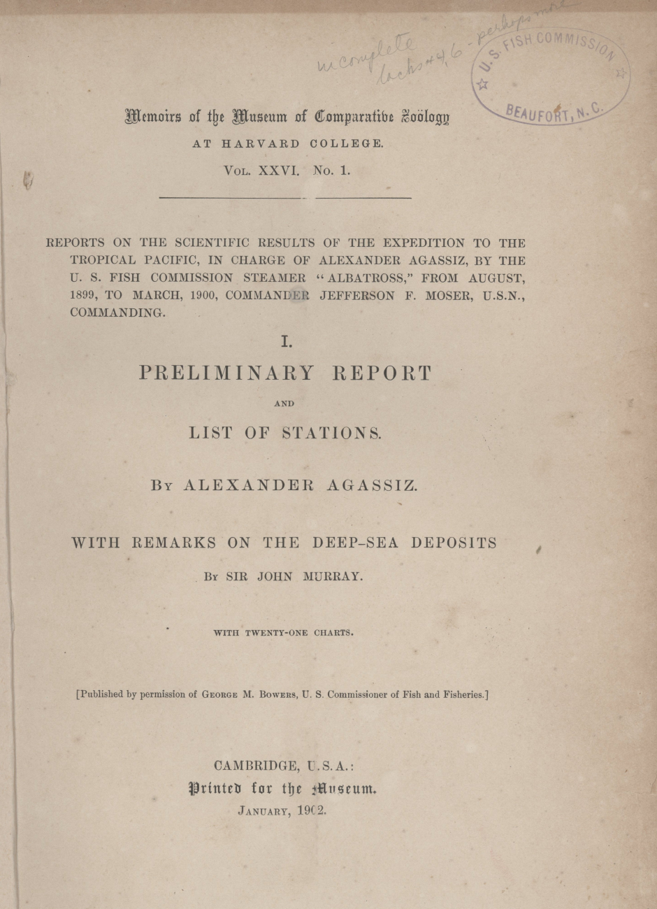 Cover of the Preliminary Report and List of Stations  obtained during the sscientific expedition of the Albatross to the tropical Pacific