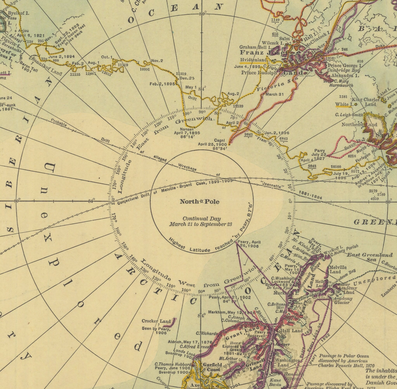 Blowup of North Pole region of The National Geographic Map of the North PoleRegions showing discoveries and routes of explorers up to 1907