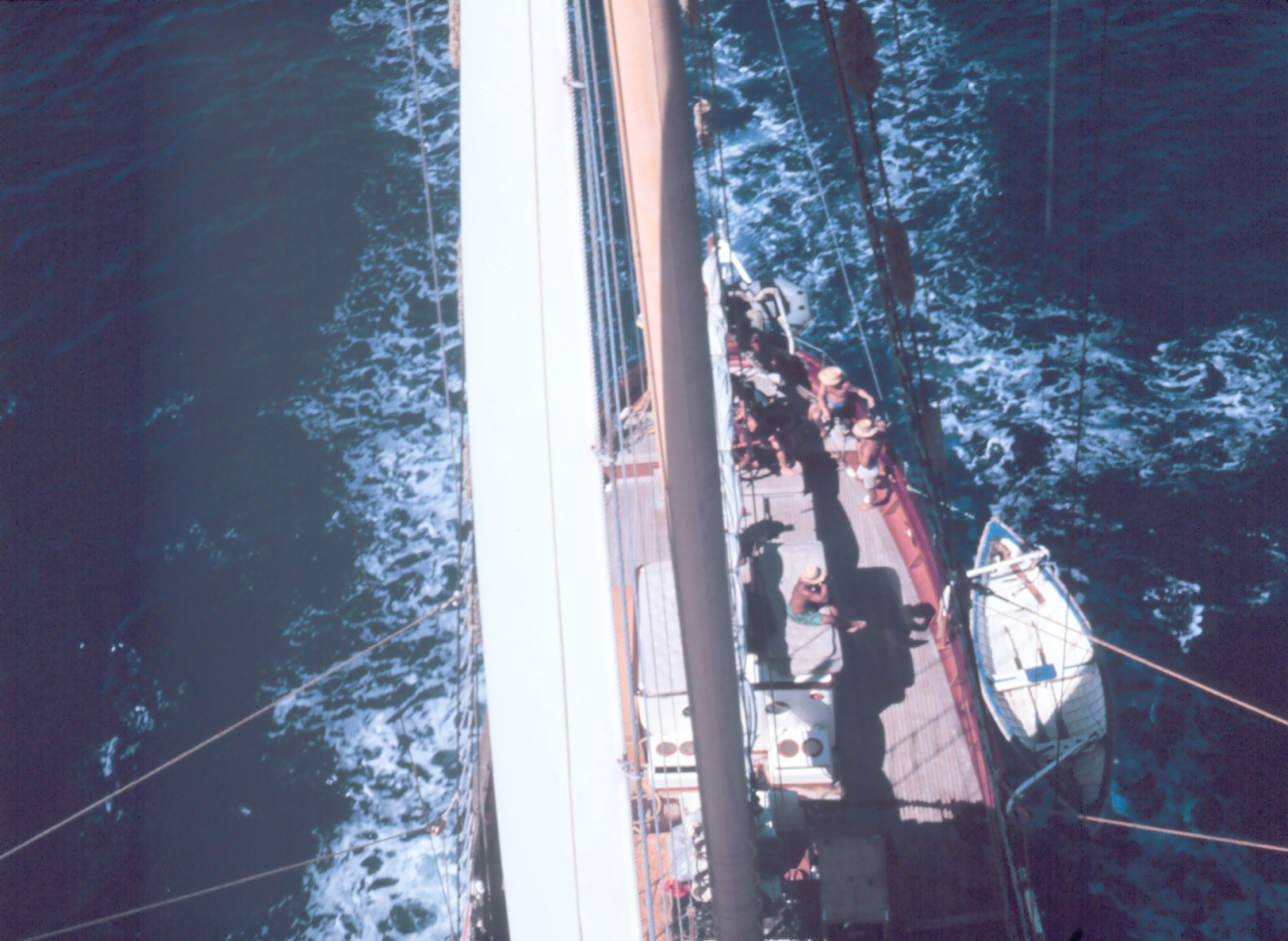 A view of the deck of the WESTWARD while under sail