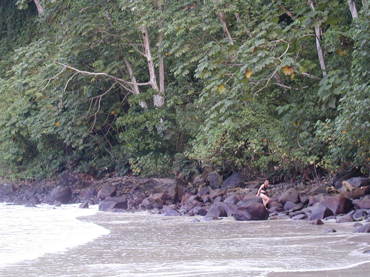 Scientist Xenia Brobeil exploring the beach at Isla Cocos