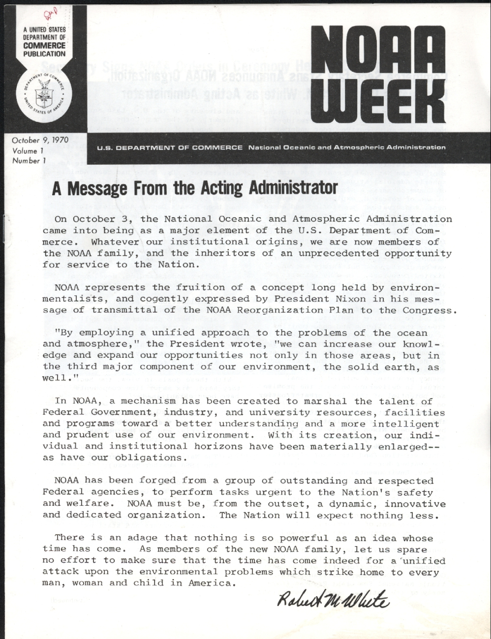Letter from Robert White to NOAA employees upon formation of NOAA