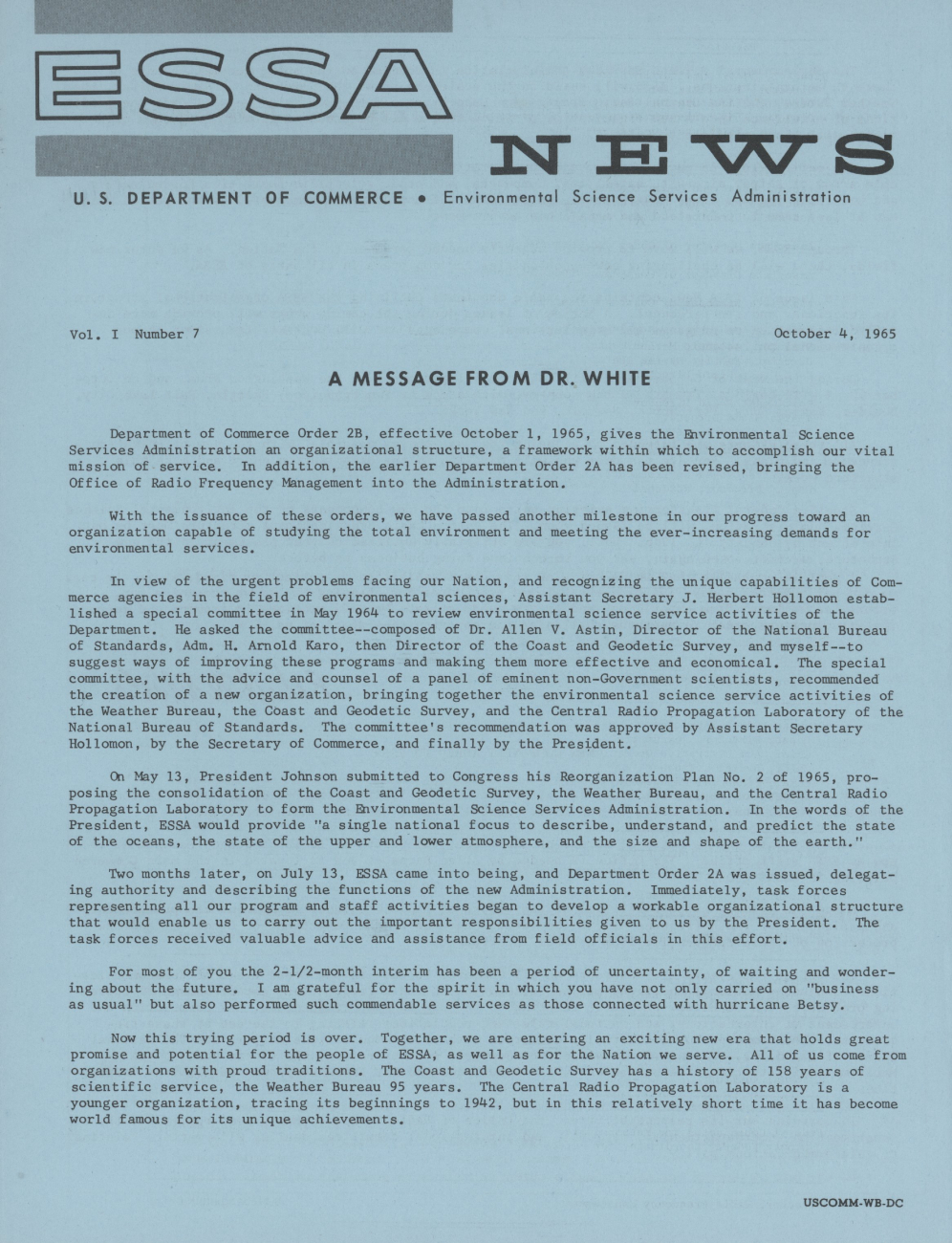 Page 1 of Volume I, Number 7, of ESSA News