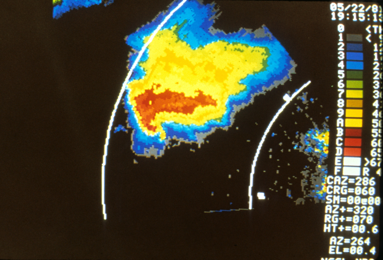 Image from the Binger Doppler Radar showing characteristic hook echo of tornado
