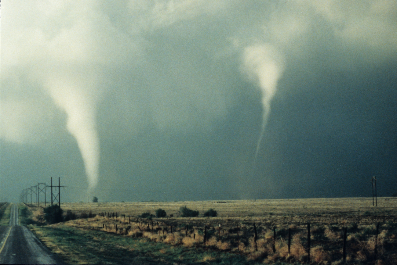 A rare photograph of two tornadoes over the Great Plains