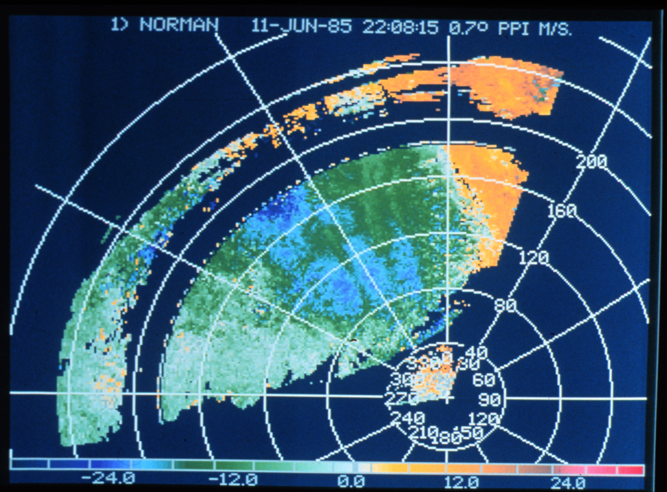 Norman Doppler radar display of wind velocities showing dissipating squall line