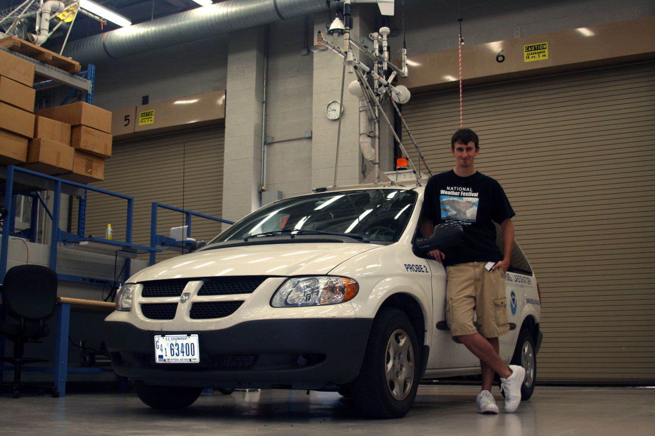 Sean Waugh, OU meteorology student, with Mobile Mesonet Probe 2
