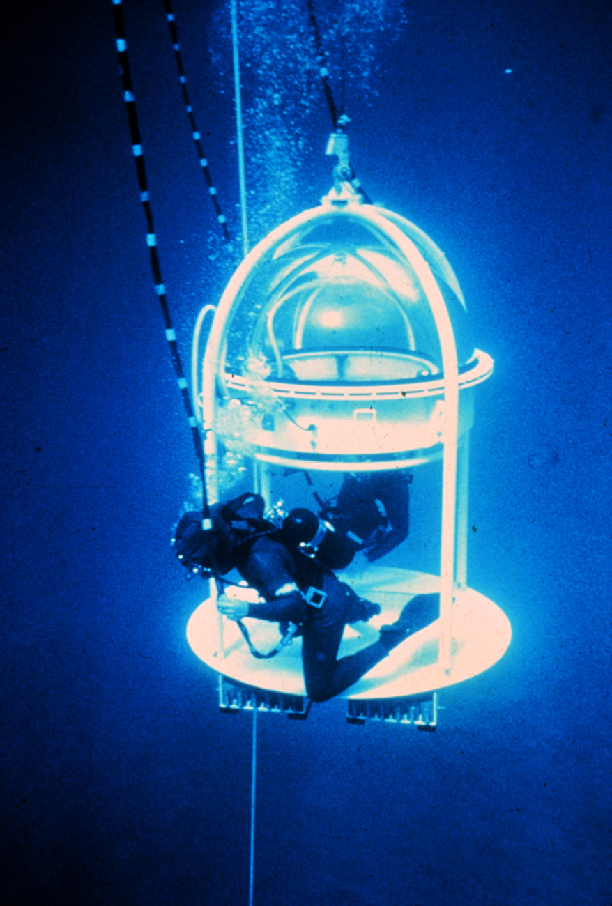 Clear dome in this bell allows scientists to record observations in midwater
