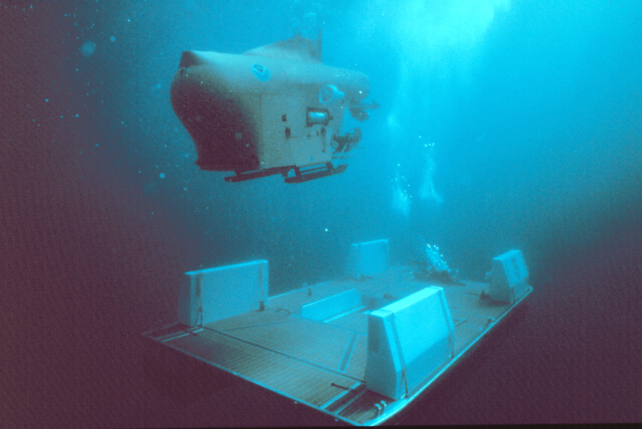 PICSES V deployed from submerged launch-retrieval-transport (LRT) barge