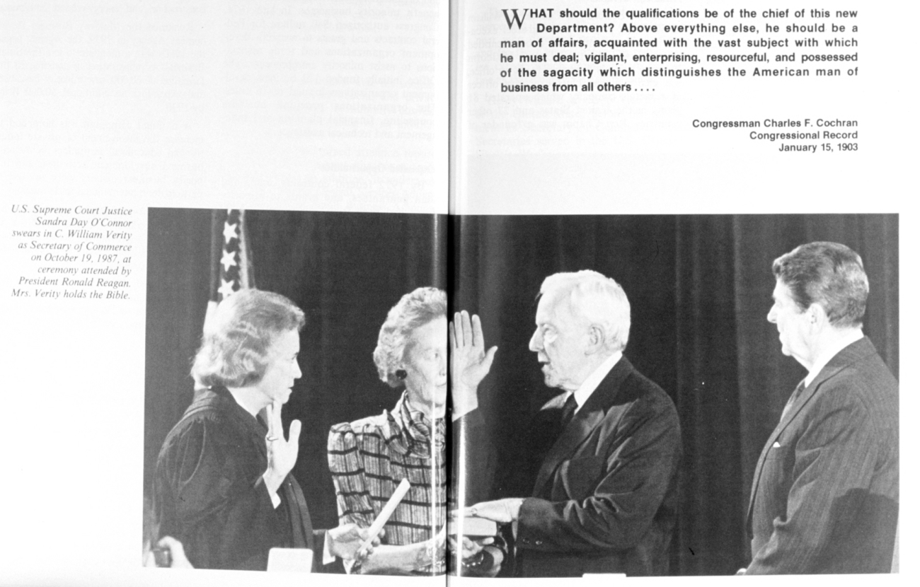 Secretary of Commerce William Verity being sworn in as Ronald Reagan looks on