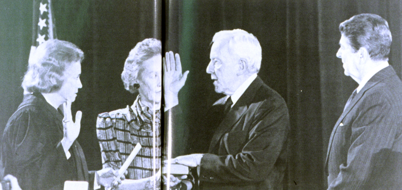 Secretary of Commerce William Verity being sworn in as Ronald Reagan looks on