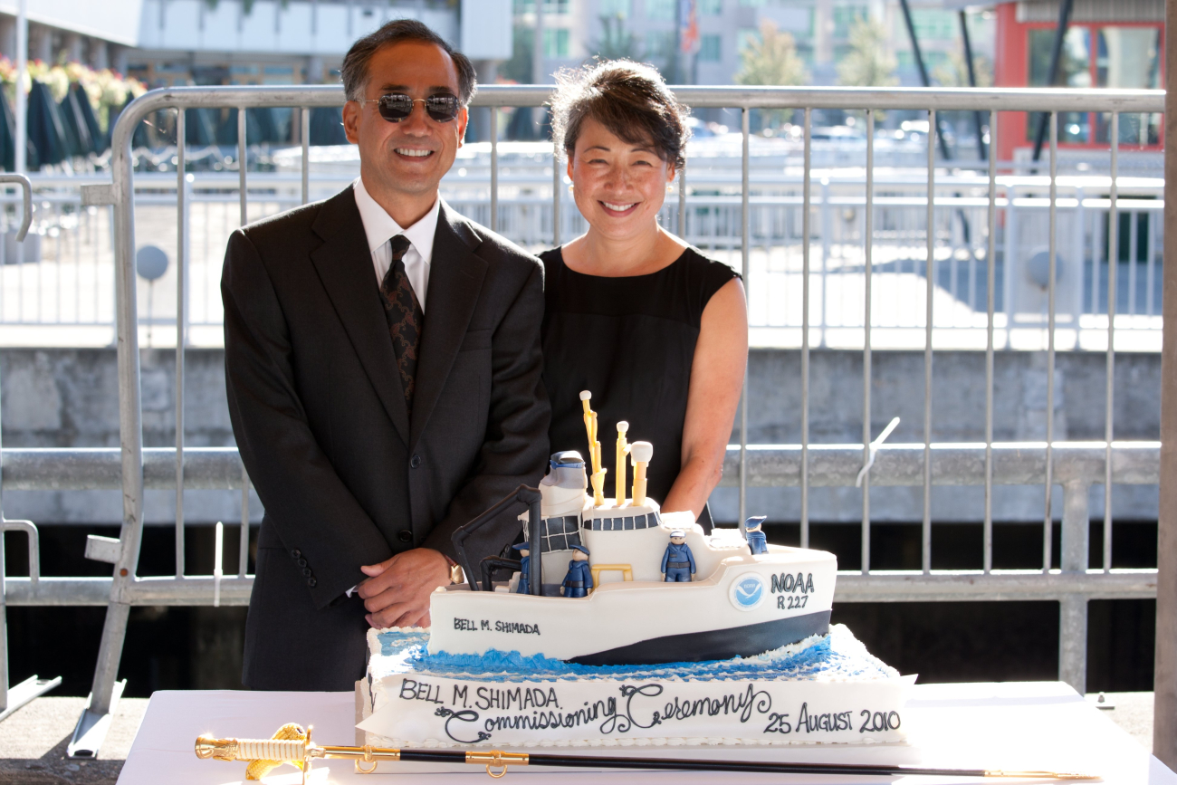 Allen and Julie Shimada, at the commissioning ceremony for the ship namedfor their father, the NOAA Ship BELL M