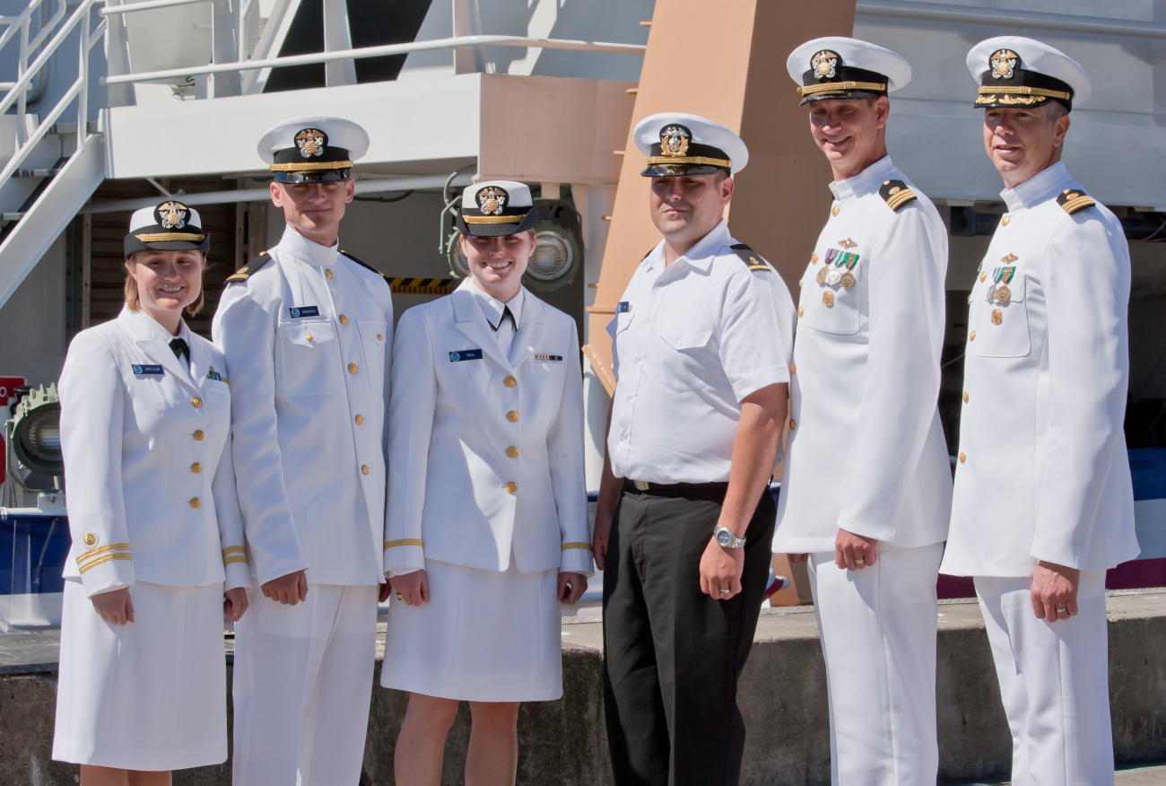 Officer complement of the NOAA Ship BELL SHIMADA at its commissioning ceremony -Commander Todd Bridgewater, on right, commanding