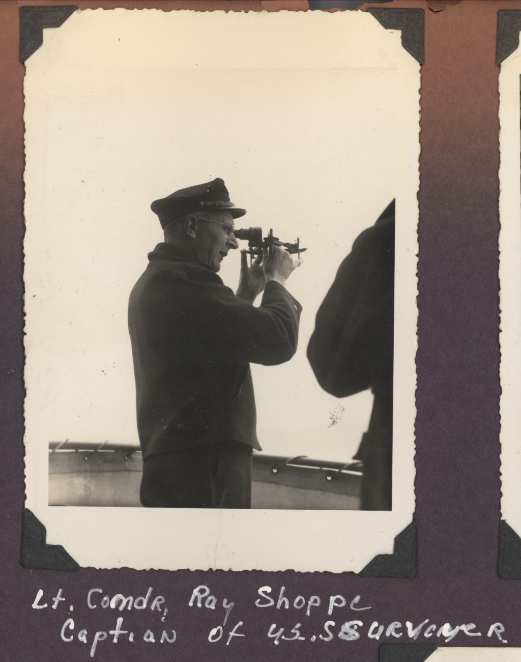 Lieutenant Commander Ray Schoppe, commanding officer of USC&GS; ShipSURVEYOR, measuring horizontal sextant angle during inshore ship hydrographicoperations