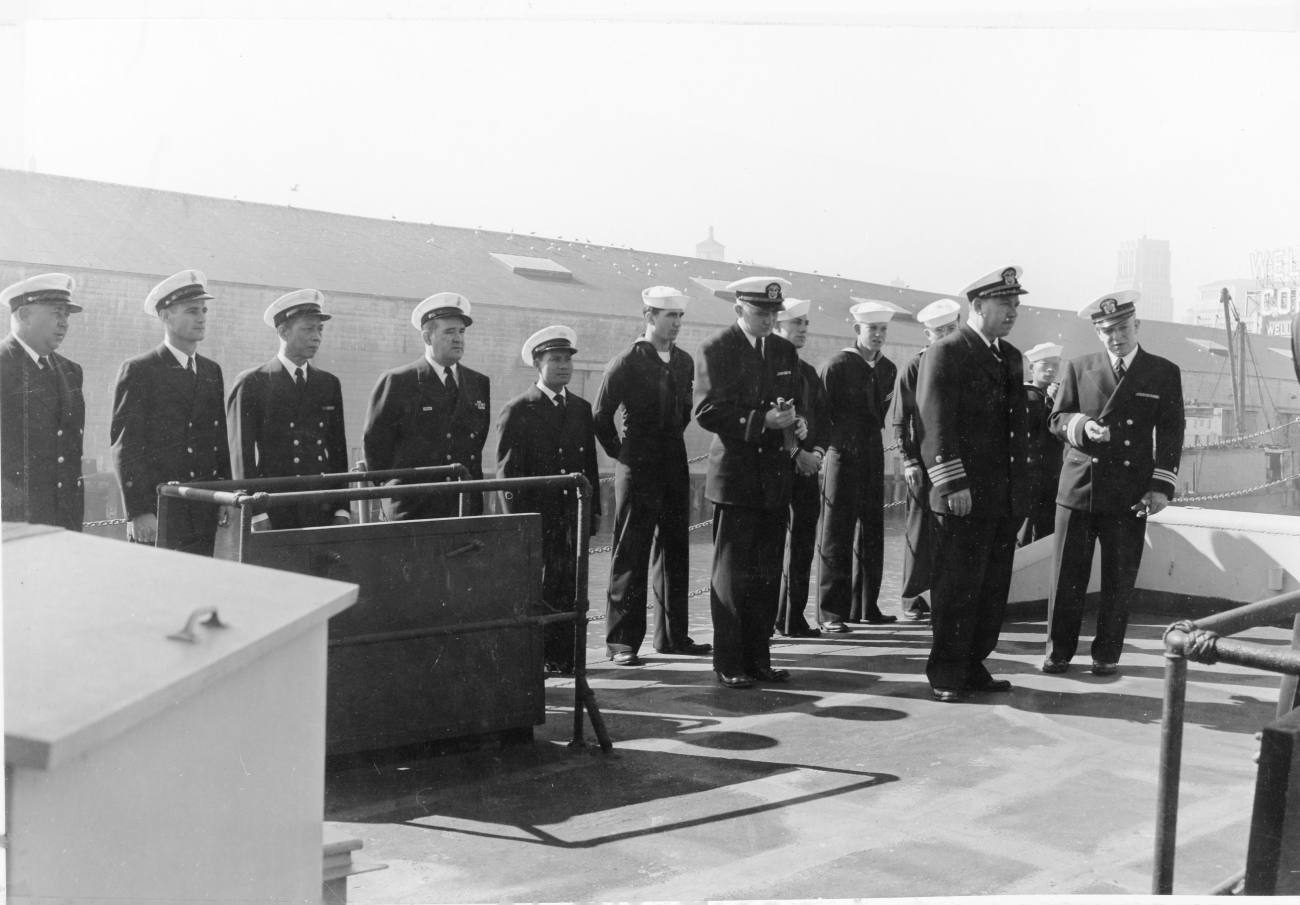 Officers and crew of Coast and Geodetic Survey Ship BOWIE awaiting arrival ofSecretary of Commerce Charles Sawyer