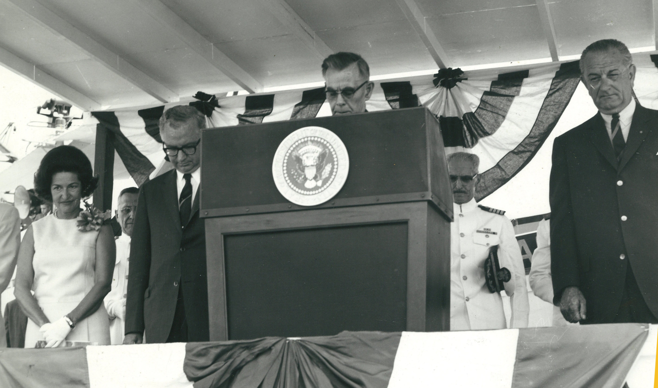 President Johnson and Lady Bird Johnson during invocation at commissioningceremony of the then ESSA Ship OCEANOGRAPHER at the Washington NavyYard